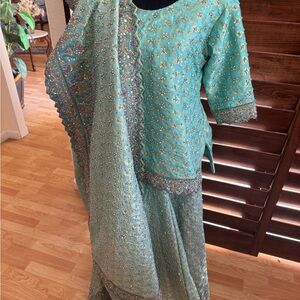 Elegant Embroidered Teal Traditional Outfit